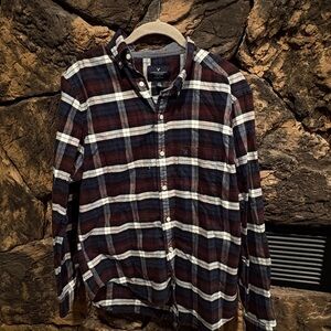 American Eagle Outfitters Men's Plaid Shirt - Red, Blue, and White